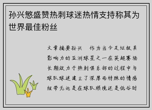 孙兴慜盛赞热刺球迷热情支持称其为世界最佳粉丝